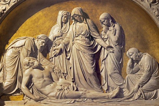 TURIN, ITALY - MARCH 16, 2017: The the relief of Deposition of the cross (Pieta) in church Chiesa di San Massimo  by Salvatore Revelli (1816 - 1859).