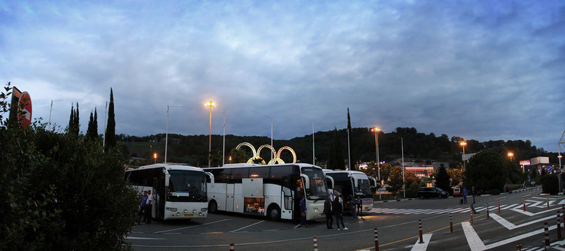 Tourist buses at the airport in Sochi. Russia