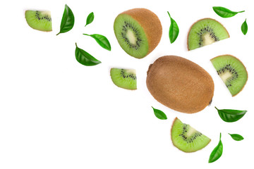 Kiwi fruit with slices isolated on white background with copy space for your text. Top view. Flat lay pattern