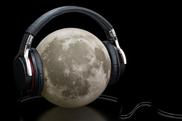 Fototapeta na wymiar Headphones with moon, 3D rendering isolated on black background