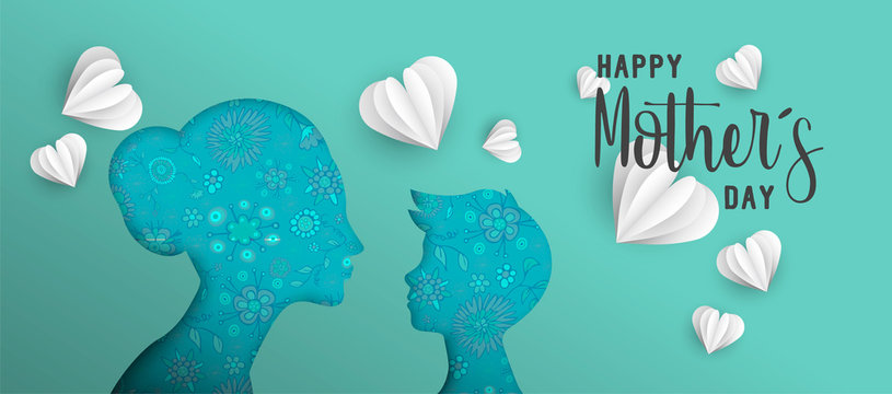 Mothers day paper cut web banner with little child