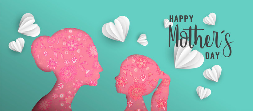 Happy Mothers day paper cut mom and kid web banner