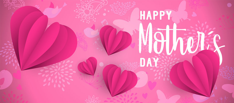 Happy Mother Day pink paper cut heart web banner