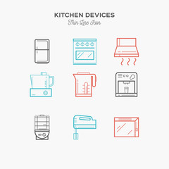 Kitchen equipment, refrigerator, mixer, foster, thin line color icons set, vector illustration