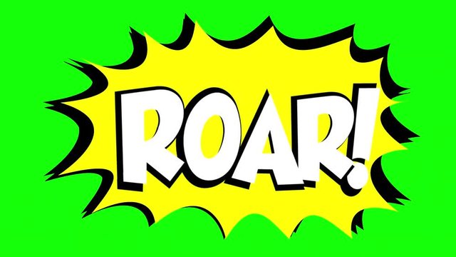 A comic strip speech bubble cartoon animation, with the words Grrr Roar. White text, yellow shape, green background.
