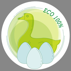 Sticker Eco 100% with a picture of a goose and eggs in the style of line art. Vector. For printing stickers, stickers, symbols of the product