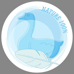 Sticker Eco 100% with a picture of a goose and feather in the style of line art. Vector. For printing stickers, stickers, symbols of the product