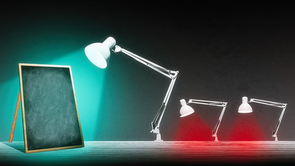 The lamp is illuminating the blackboard. The blackboard has a free space for you design.