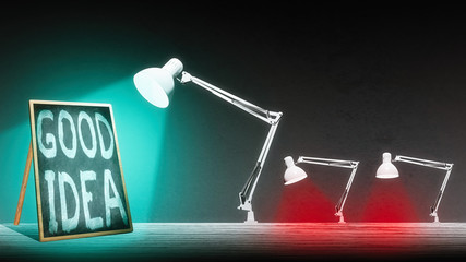 The lamp is illuminating the blackboard. The blackboard have an inscription 