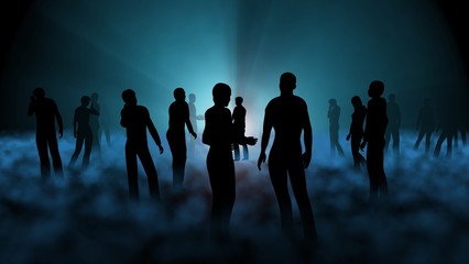 People standing in blue fog. 3d render