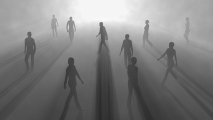 People walking in fog. 3d render - obrazy, fototapety, plakaty