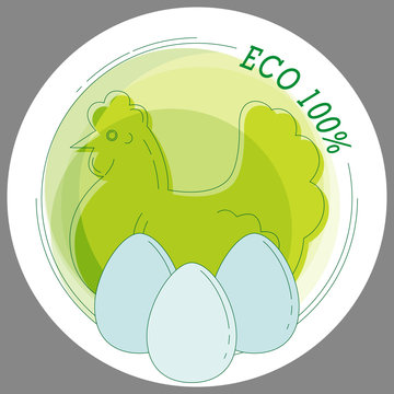 Sticker Eco 100% with the image of chicken and eggs in the style of line art. Vector. For printing stickers, stickers, symbols of the product