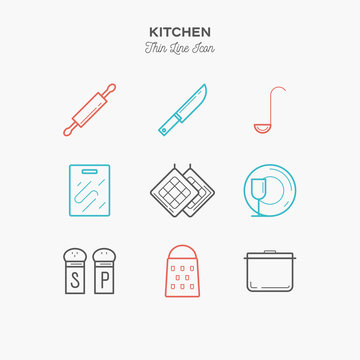 Kitchen thin line color icons set, vector illustration