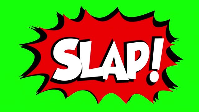 A comic strip speech bubble cartoon animation, with the words Slam Slap. White text, red shape, green background.
