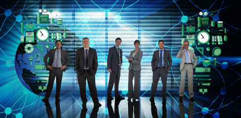 Business people against room with large window looking on city