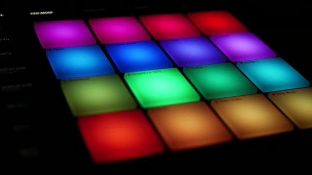 Pattern playing in digital audio workstation device maschine, drum pads close-up