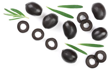 whole and sliced black olives with rosemary leaves isolated on white background. Top view. Flat lay pattern