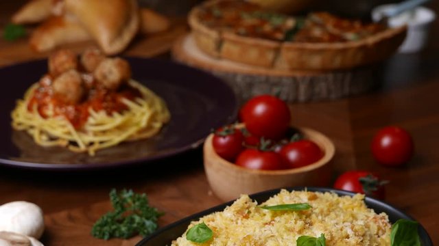 baked Macaroni and cheese set on dinner table.