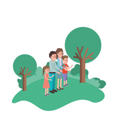parents couple with son and daughter in field landscape vector illustration