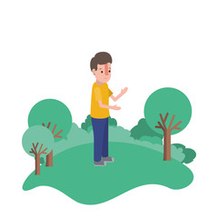 isometric little boy in field landscape character vector illustration design