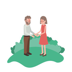 couple isometrics in field landscape avatars characters vector illustration
