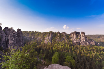 Bastei Rocks in Swiss Saxony, around the ruins of Neurathen Castle. Germany.