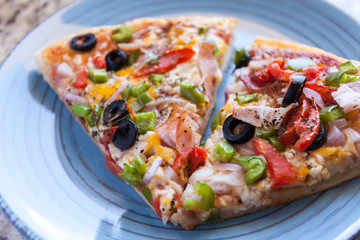 Two slices of freshly baked hot pizza on a blue plate