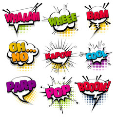 whee cool kapow pop set hand drawn pictures effects template comics speech bubble halftone dot background pop art style. Comic dialog cloud, text pop-art. Idea conversation sketch explosion.