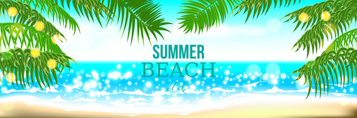 Fototapeta na wymiar Beach club horizontal summer time palm tree banner. Palm leaf seashore sand. Ocean poster sunny tropical vector illustration. Hawaii landscape paradise. Colored party invitation.