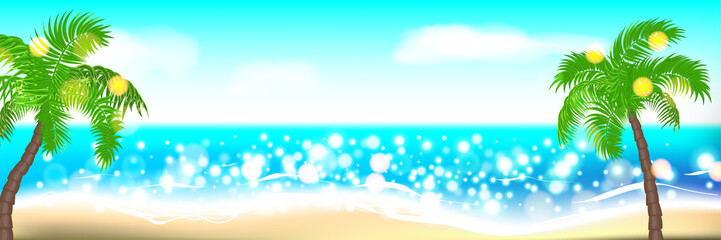 Fototapeta na wymiar Horizontal summer time palm tree banner. Palm leaf seashore sand beach. Ocean poster sunny tropical vector illustration. Hawaii landscape paradise. Colored party invitation.