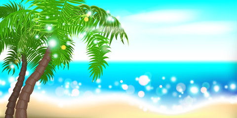 Fototapeta na wymiar Horizontal summer time palm tree banner. Palm leaf seashore sand beach. Ocean poster sunny tropical vector illustration. Hawaii landscape paradise. Colored party invitation.