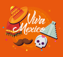 Viva mexico design with mexican pyramid and related icons over orange background, colorful design. vector illustration