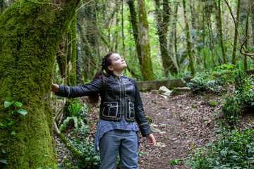  girl-tourist in the subtropical forest