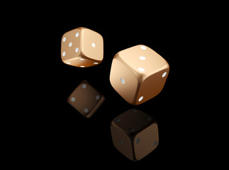 Casino black background with dice 3d. Online casino banner. White and gold dice with reflection isolatel on black. 3d rendering