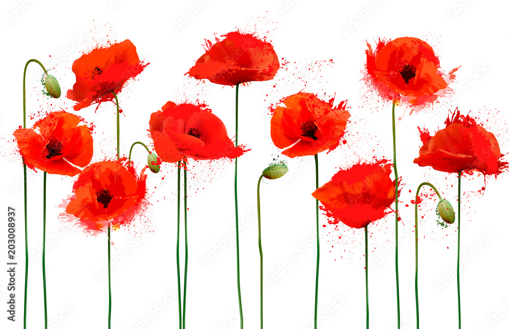 Poster abstract beautiful background with red poppies flowers. vector.