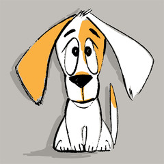 Puppy character in vector. Funny cartoon small pet. Vector illustration. Cute doggy sitting isolated on grey background.