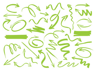 Set of green drawing Arrows. Vector Illustration.