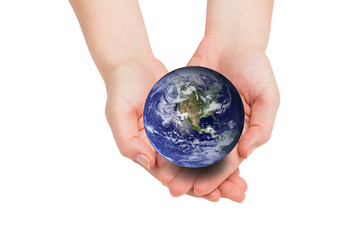 Hands presenting against earth