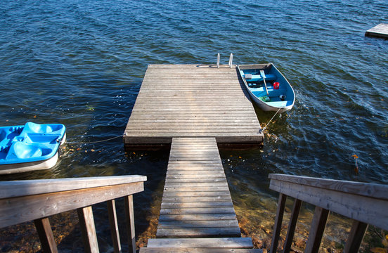 Wooden Lakeside Dock With Boats