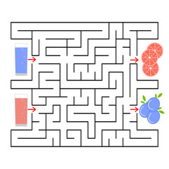 A square labyrinth. Find the way from juice to fruit. Simple flat isolated vector illustration.