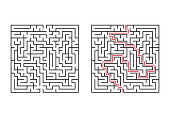 Abstract square maze. Simple flat vector illustration isolated on white background. With the answer.