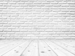 White Brick Wall Texture with white wooden foor, Empty room Abstract Background for Presentations