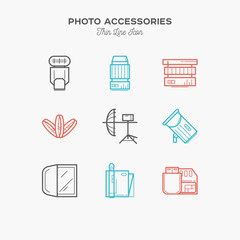 Photo accessories, light, linse and more, thin line color icons set, vector illustration