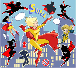 Bright and colorful cartoon set of funny and awesome superheroes stickers in cool  costumes flying above the city 
ready to help and rescue