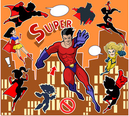 Bright and colorful cartoon set of funny and awesome superheroes stickers in cool  costumes flying above the city 
ready to help and rescue