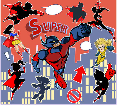 Bright and colorful cartoon set of funny and awesome superheroes stickers in cool  costumes flying above the city 
ready to help and rescue