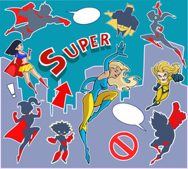 Bright and colorful cartoon set of funny and awesome superheroes stickers in cool  costumes flying above the city 
ready to help and rescue