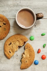 Homemade Giant Chocolate chunk cookies served with milk