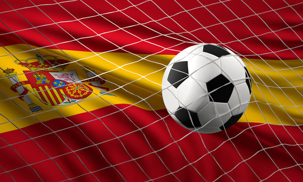 Fußball Ball im Netz. Tornet Fußball Tor 3D Illustration Spanien Flagge