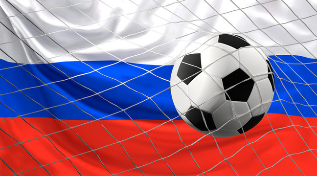 Fußball Ball im Netz. Tornet Fußball Tor 3D Illustration Russland Flagge